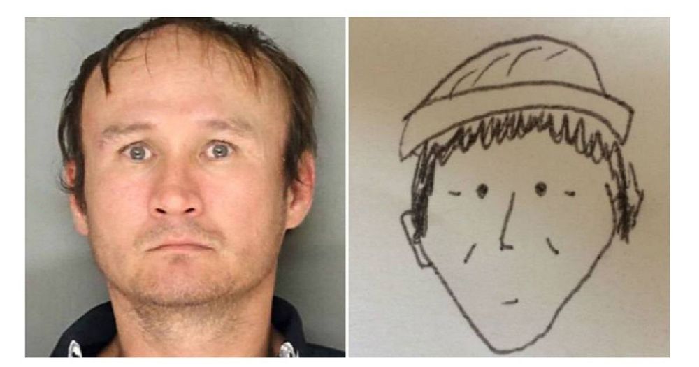 Legendary bad police sketch of a very confused man in a Gilligan hat