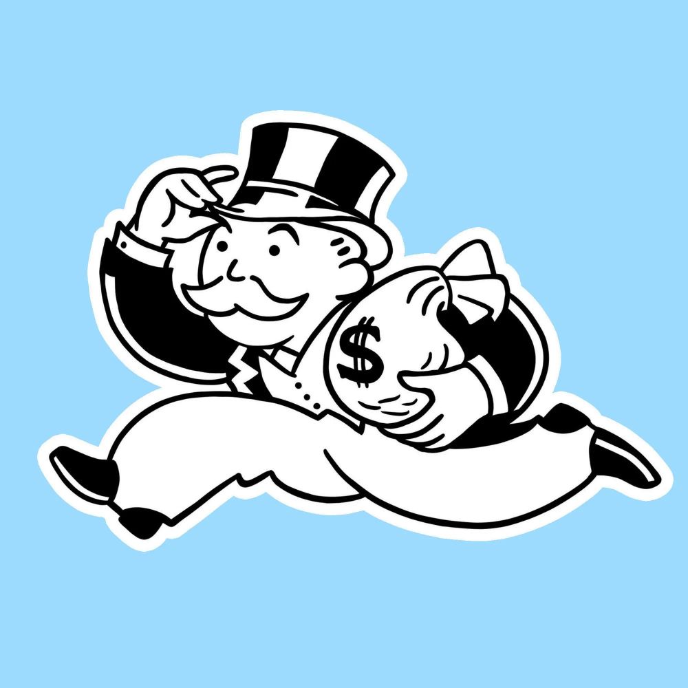 Monopoly guy sprinting away with a helpfully marked bag of cash