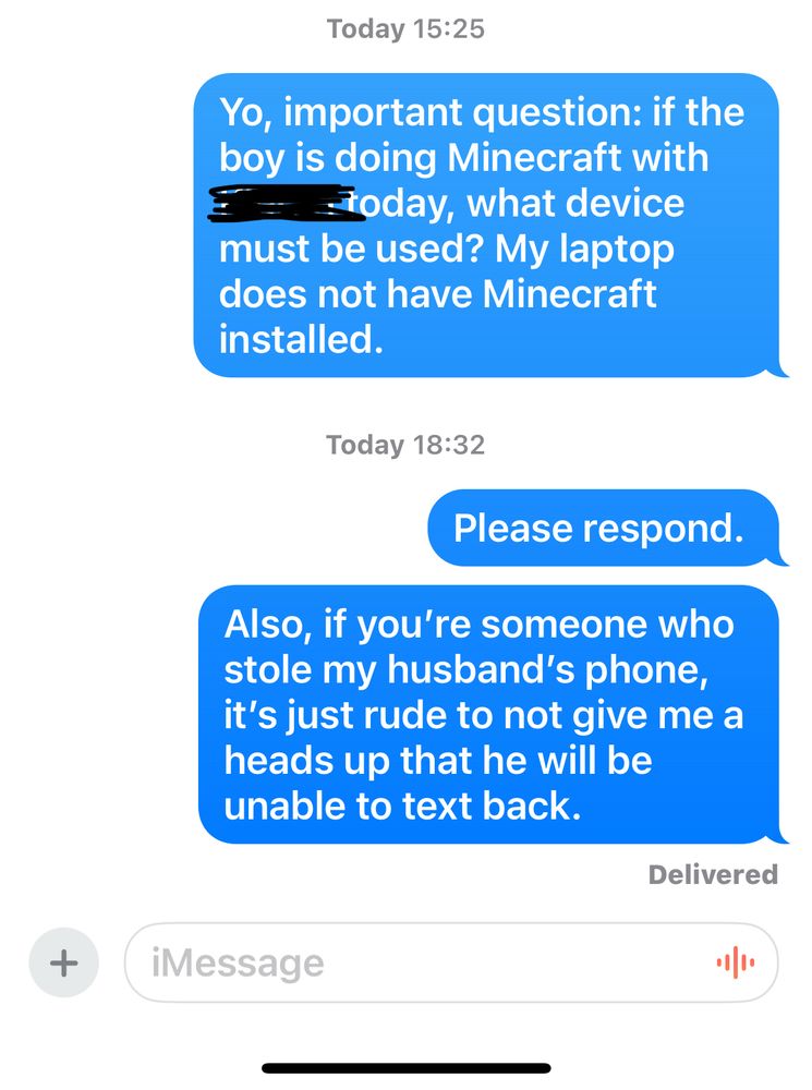 Time/text of message: 

15:25 “Yo, important question: if the boy is doing Minecraft with [redacted] today, what device must be used? My laptop does not have Minecraft installed.

18:32 “Please respond” [son’s favorite text when he wants something from us]

“Also, if you’re someone who stole my husband’s phone, it’s just rude to not give me a heads up that he will be unable to text back” [mine]

In my defense, the husband loves a logistical challenge. So of course three hours of silence from him on this is practically the equivalent of “he’s been tied up in a cabin in the woods for the past fortnight” in my estimation. 