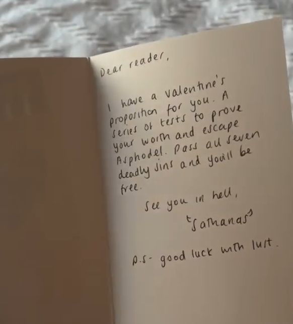 Card with text:
Dear reader,  I have a Valentine's proposition for you. A series of tests to prove your worth and escape Asphodel. Pass all seven deadly sins and you'll be free.
See you in hell, Sathanas
P.S. good luck with lust