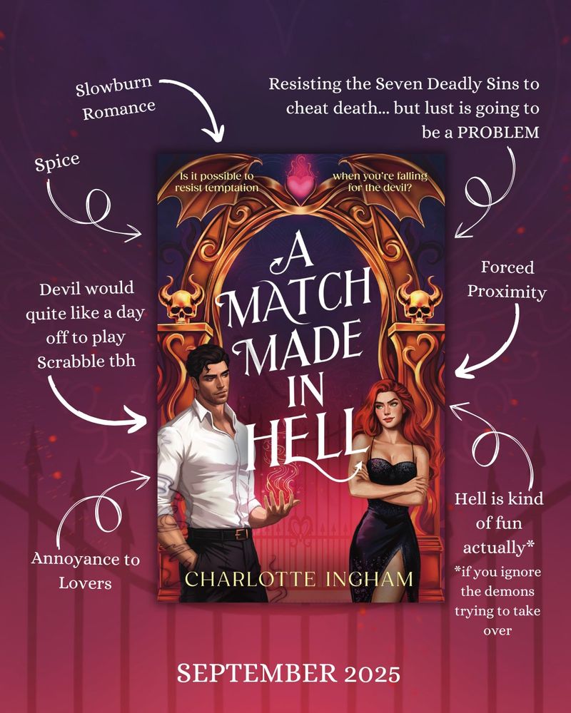 Text "A Match Made in Hell" in front of golden gates with skulls and a love heart. Next to these is a VERY HOT MAN in a white shirt holding some fire and a red-haired girl in a black dress. Surrounded by text: Slowburn romance, Spice, Devil would quite like a day off to play Scrabble, Annoyance to Lovers, Hell is kind of fun actually (if you ignore the demons trying to take over), forced proximity, resisting the seven deadly sins to cheat death...but lust is going to be a PROBLEM