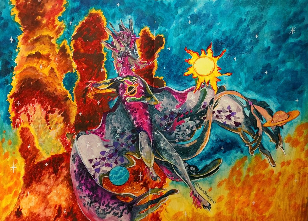 A gigantic dragon flying through the pillars of creation galaxy nebula. He is surrounded by small planets and a sun.
The pillars of creation are orange, red and brown-toned, the surroundings are mostly blue and the dragon is coloured in various tones of pink, purple and dark blue.
The painting is drawn over a two page spread in a sketchbook, the center line of the pages is faintly visible.
The drawing is a watercolour illustration.