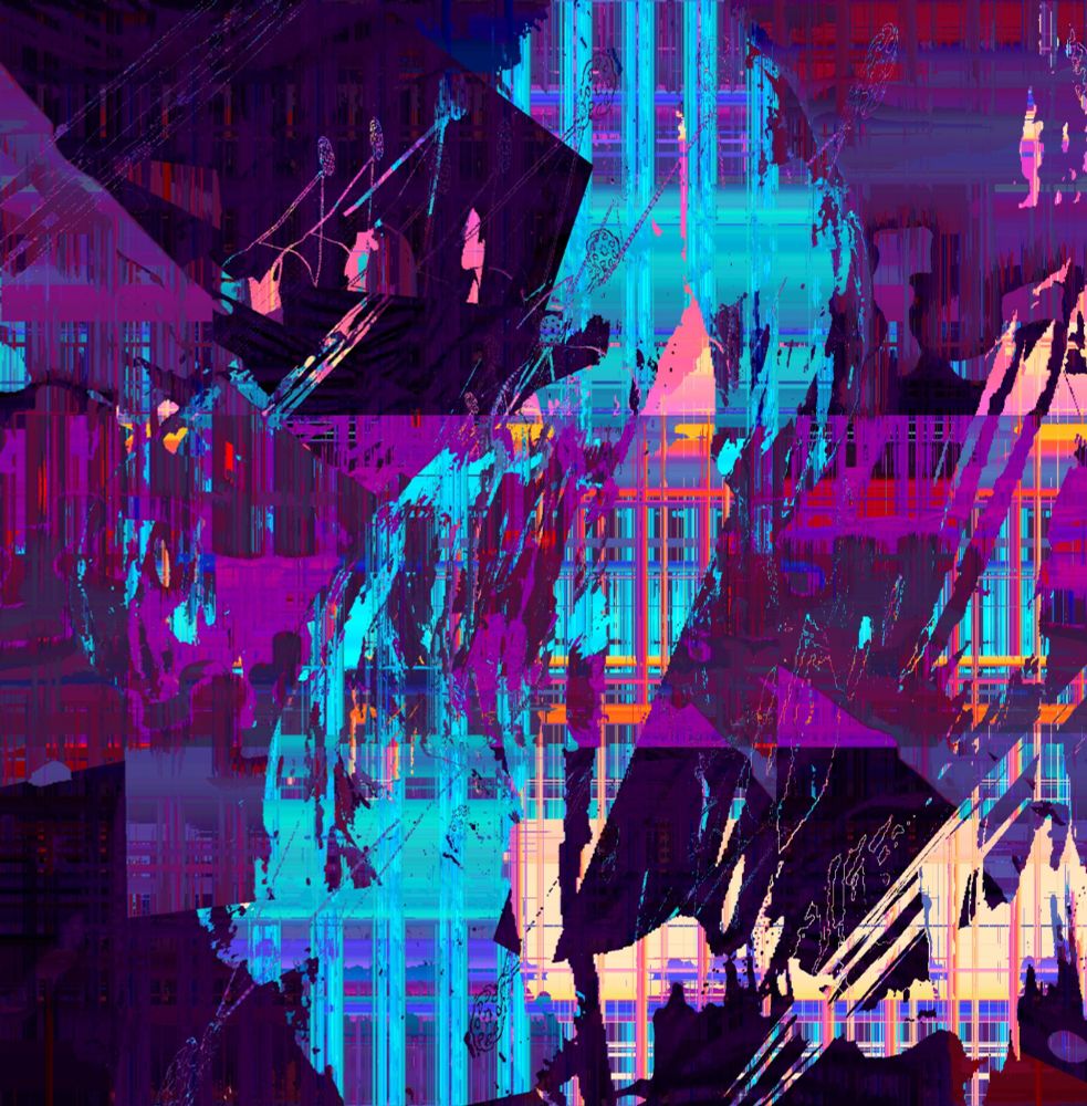 Vibrant abstract glitch artwork with swirling neon pink, blue, and purple patterns. Dynamic and chaotic, conveying a sense of energy and movement.