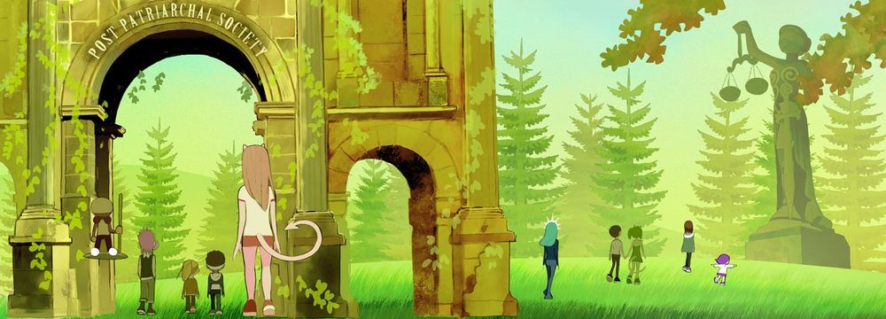 Tatsuya Ishida's idea of a "post-patriarchal society" where everything is green and overgrown (but that's good!)

A small gathering of women, all characters from his webcomic, are wandering the green field featuring an overgrown archway that reads "post-patriarchal society" and a statue of Lady Justice.