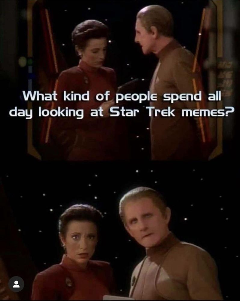 Two panels of Kira Nerys and Odo from Deep Space Nine talking. The top panel they have their heads together, Kira looking at a tablet, a window with the stars behind them. The caption says “What kind of people spend all day looking at Star Trek memes?” The bottom panel is them both looking at us. 