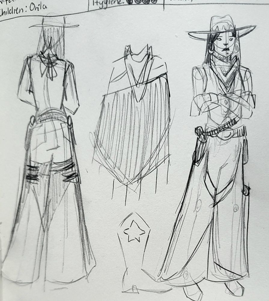 Two full body sketches of a woman dressed in cowboy attire(?). One is from the back and one is from the front. Between them theres a sketch of a cape and a cowboy boot