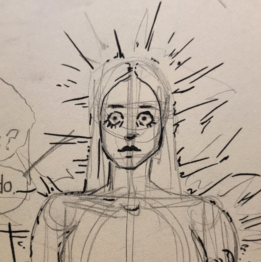 A sketch of a woman whose eyes are wide open and she looks like she's seen some shit