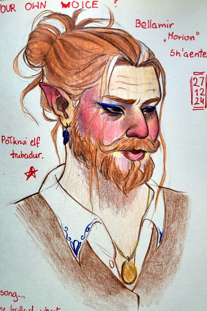 Portrait of a red headed half elven man with a streak of white through his hair. He has very rosy cheeks and cobalt blue eye makeup 
