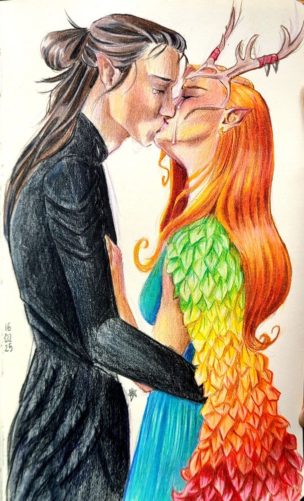 A mid drawing of keyleth and vax kissing. They look kinda awkward and emotional