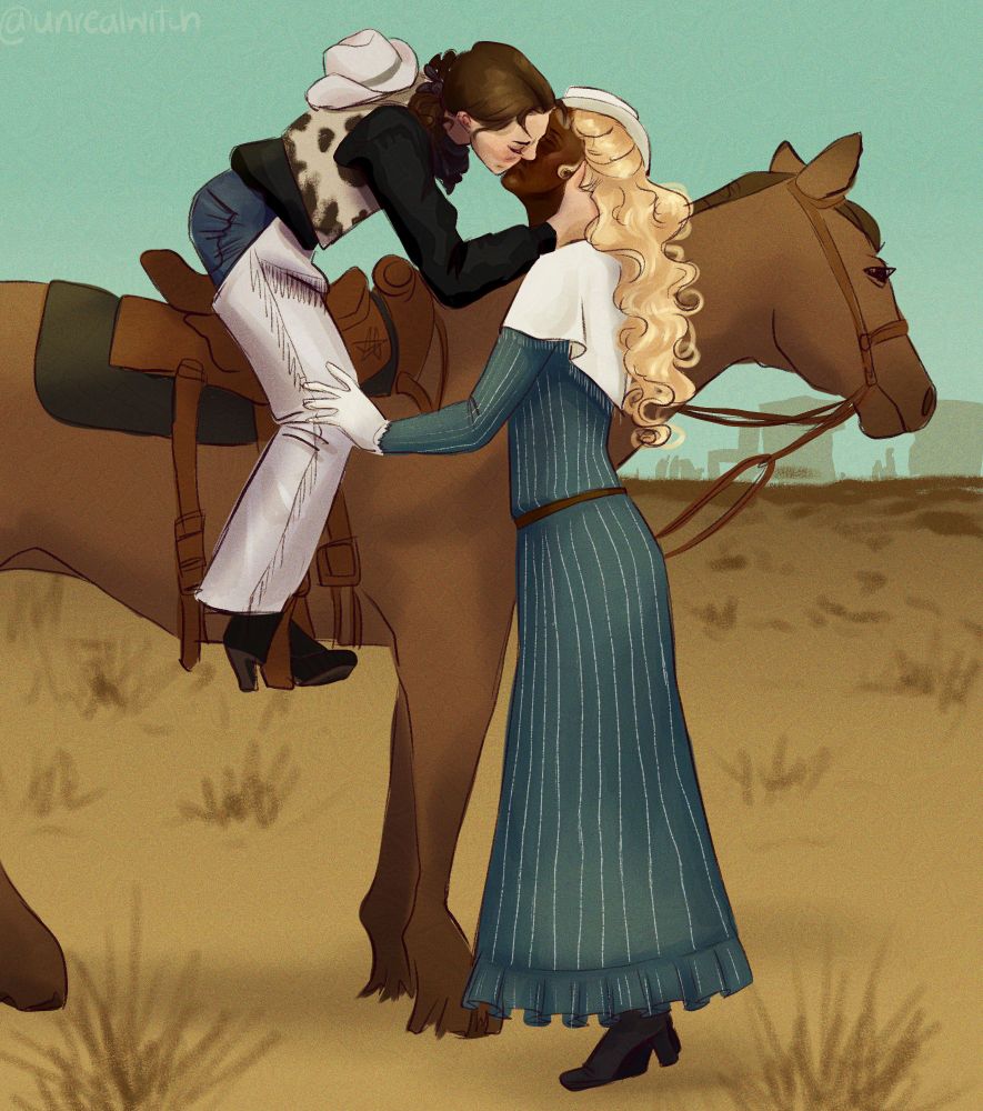 Women kissing in a dessert landscape. One is sitting on a brown horse and is wearing a cowboy outfit. She has pale skin and brown hair. She is bending down to reach her lover. The other girl is standing next to the horse with her hand on the other womans knee. She is on her tip toes. She has blond hair, dark complexion and is wearing a long blue dress with white stripes on it