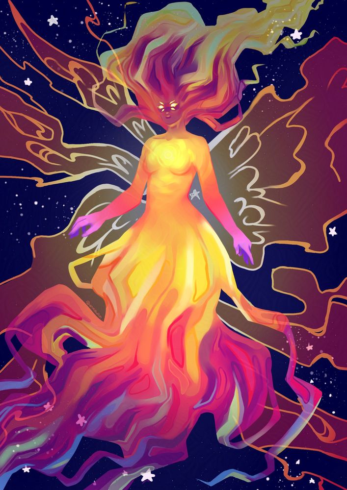 Ethereal character of feminane presentation in warm colors from yellow to pink and purple. Her hair and dress float in space in a smoke like presentation. The character is floating in space. Stars in the background and some shine from behind her back