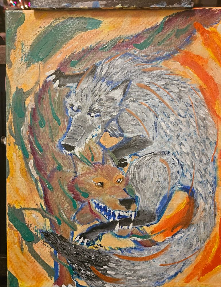 A vibrant oil painting of two wolves fighting. The background is yellow, with swirling swipes of green and orange. 
One wolf is a silvery white, with bright white eyes. It snaps and claws at the ribs of other wolf below it. 
The other wolf has a brown coat, and golden brown eyes. It gnashes its teeth on the leg of the opposing wolf. 
Their bodies form a vicious circle.

Blood is not apparent in this painting, despite the violent nature of it.