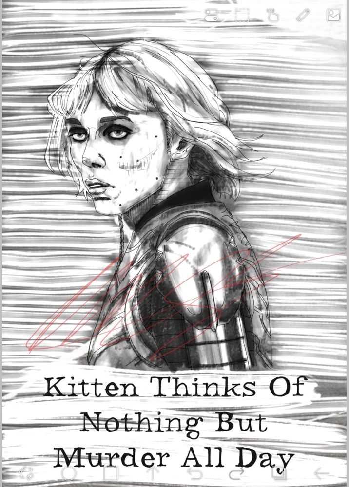 Black and White digital drawing of Shin Hati from Star Wars Ahsoka Series. 
She looks at the viewer annoyed, and underneath her upper body is the quote "Kitten thinks of nothing but murder all day"

In faint red cursive, overlayed on Shin's torso, are the initials CMB.