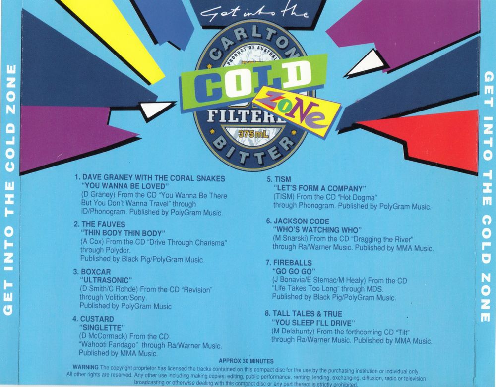 Back cover scan of compilation CD:
1. Dave Graney & The Coral Snakes - You Wanna Be Loved
2. The Fauves - Thin Body Thin Body
3. Boxcar - Ultrasonic
4. Custard - Singlette
5. TISM – Let's Form A Company
6. The Jackson Code - Who's Watching Who
7. Fireballs - Go Go Go
8. Tall Tales And True - You Sleep I'll Drive