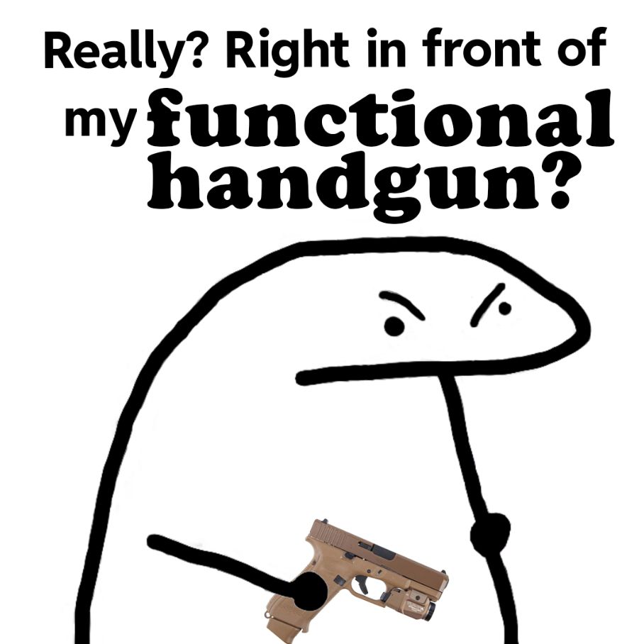 It's a "really? right in front of my____" meme, a format which normally has a small white simplistic drawing of a person with his hands in front of him holding something with the words "really? right in front of my" and then a thing listed that will also be in the little guy's hands. In this one the words "Functional Handgun" are added and a tan Glock 19X is in the little guy's hands.