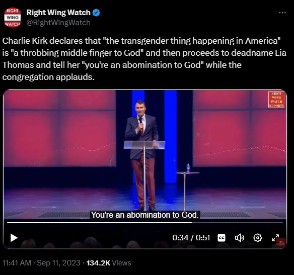 Charlie Kirk saying that being trans is 'a throbbing middle finger to God' and deadnaming a trans person.