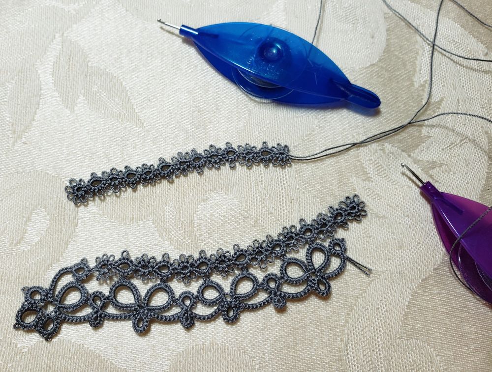 pic of work in progress, a bracelet in grey thread that is being shuttle tatted