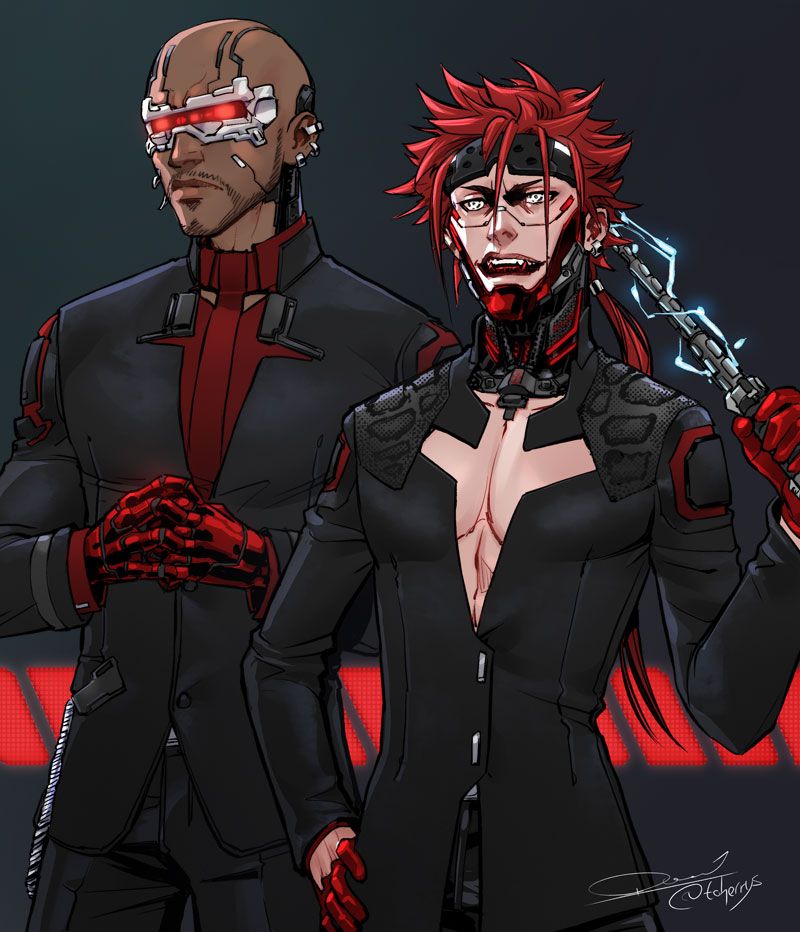 Rude and Reno from Final Fantasy 7 dressed as agents of Arasaka from Cyberpunk 2077 with cyber body modifications