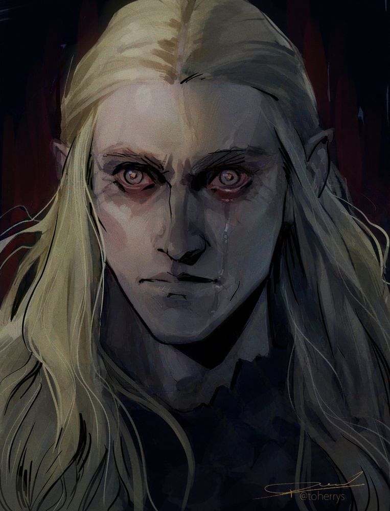 Digital portrait painting of Sauron from The Rings of Power. His colors are sickly, his eyes red and pale with a yellow light within. One tear has fallen from one eye. He glares off-camera eyes wide with anger