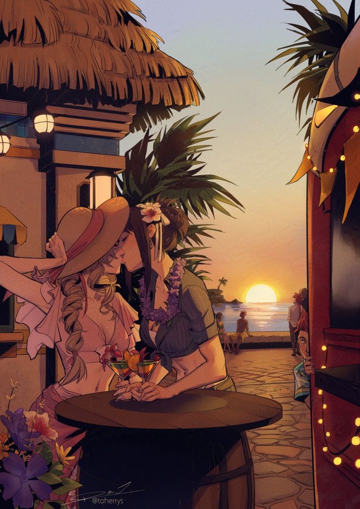 Aerith and Tifa from FF7 in Costa del Sol, enjoying cocktails of the same name and kissing with the sun setting to the sea behind them