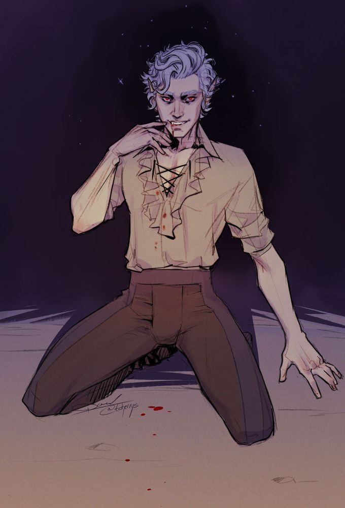 Fanart of Astarion from Baldur's Gate 3, kneeling on the ground after having bitten someone, looking very happy and ominous about it