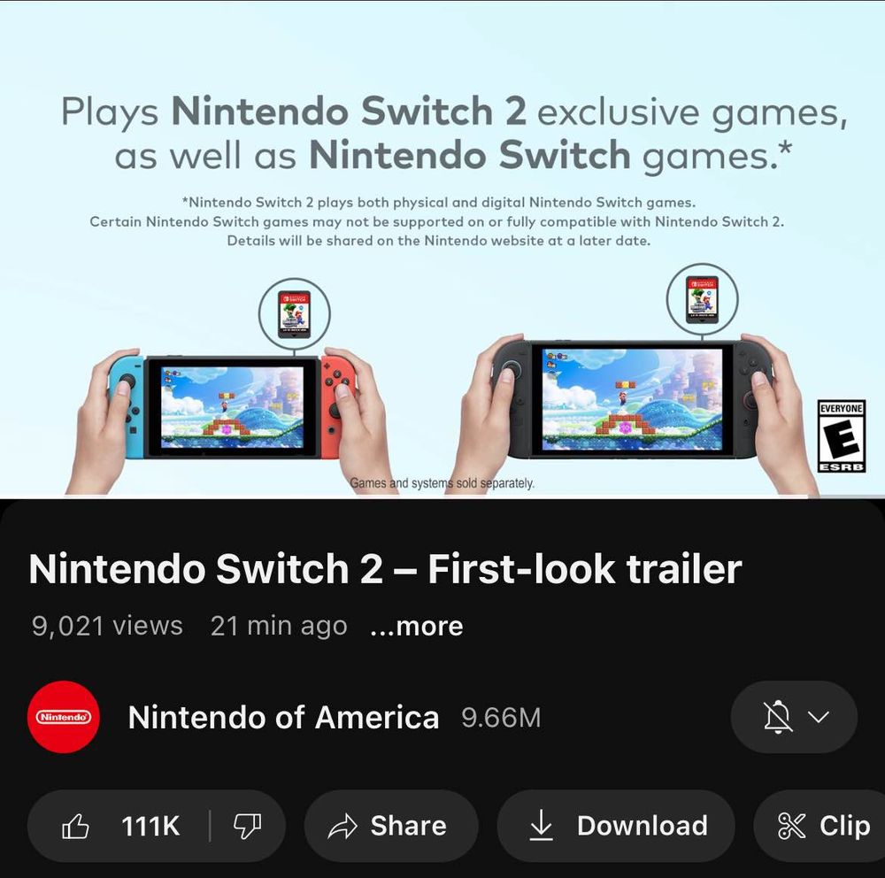 Nintendo Switch 2 - First-look trailer

9,021 views    21 min ago

111k likes