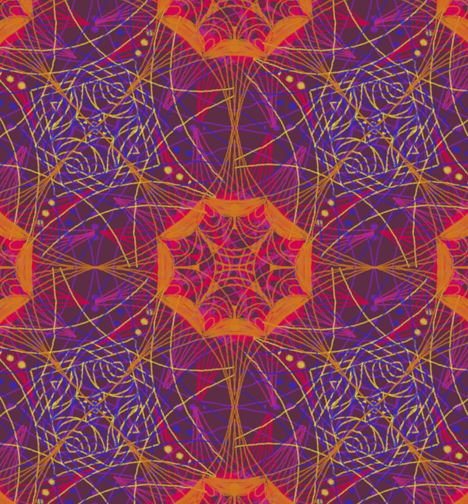 Repeating geometric pattern with a dark neutral background and lines in bright pink, orange, and yellow