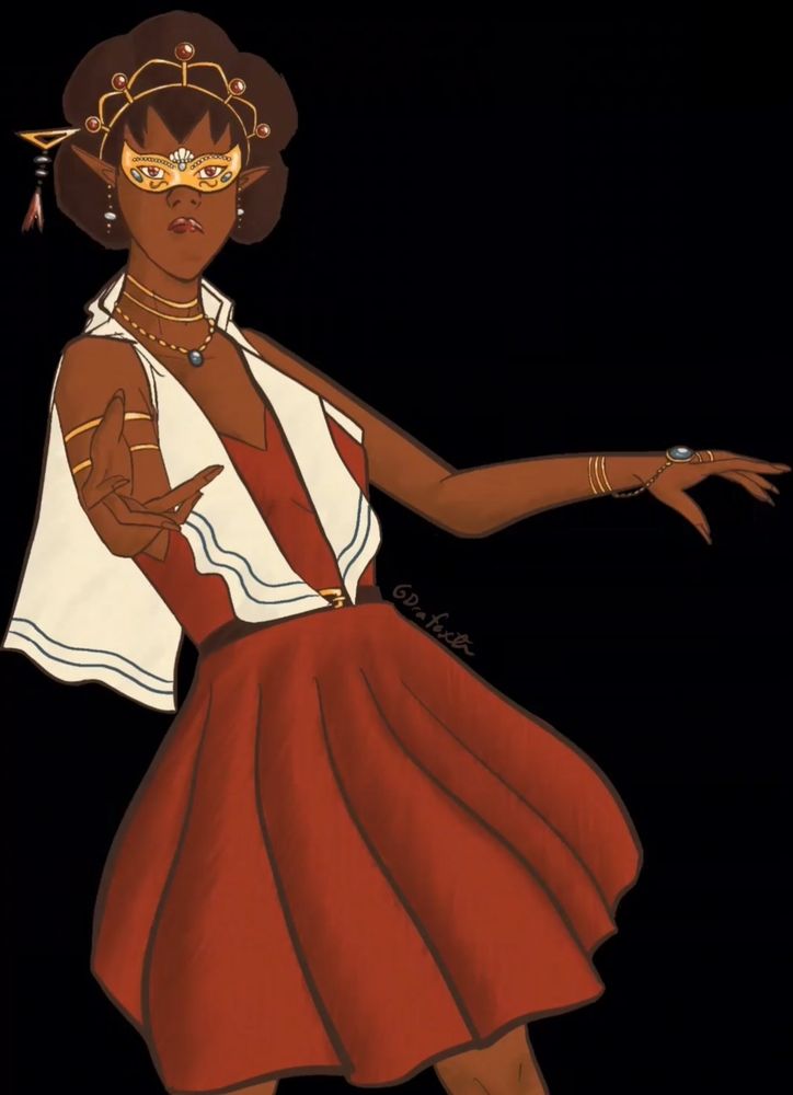 Talgel female elf medium dark skin masquerade mask red dress.