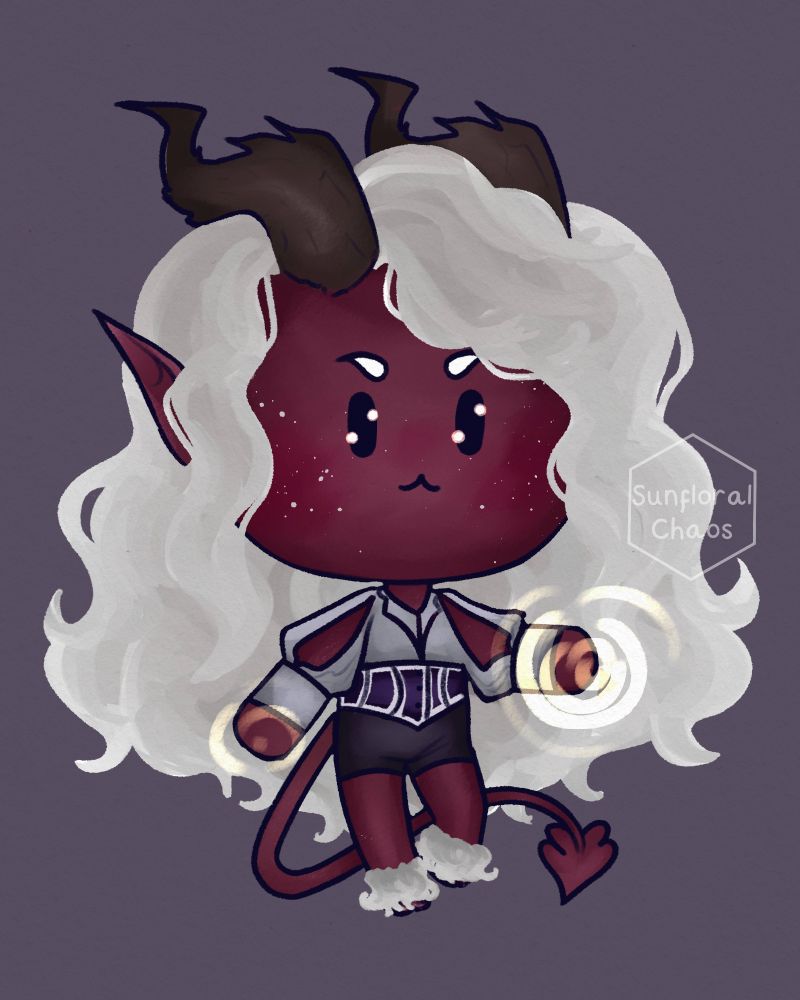 Bean chibi comm of a dark red skinned tiefling with long white hair 