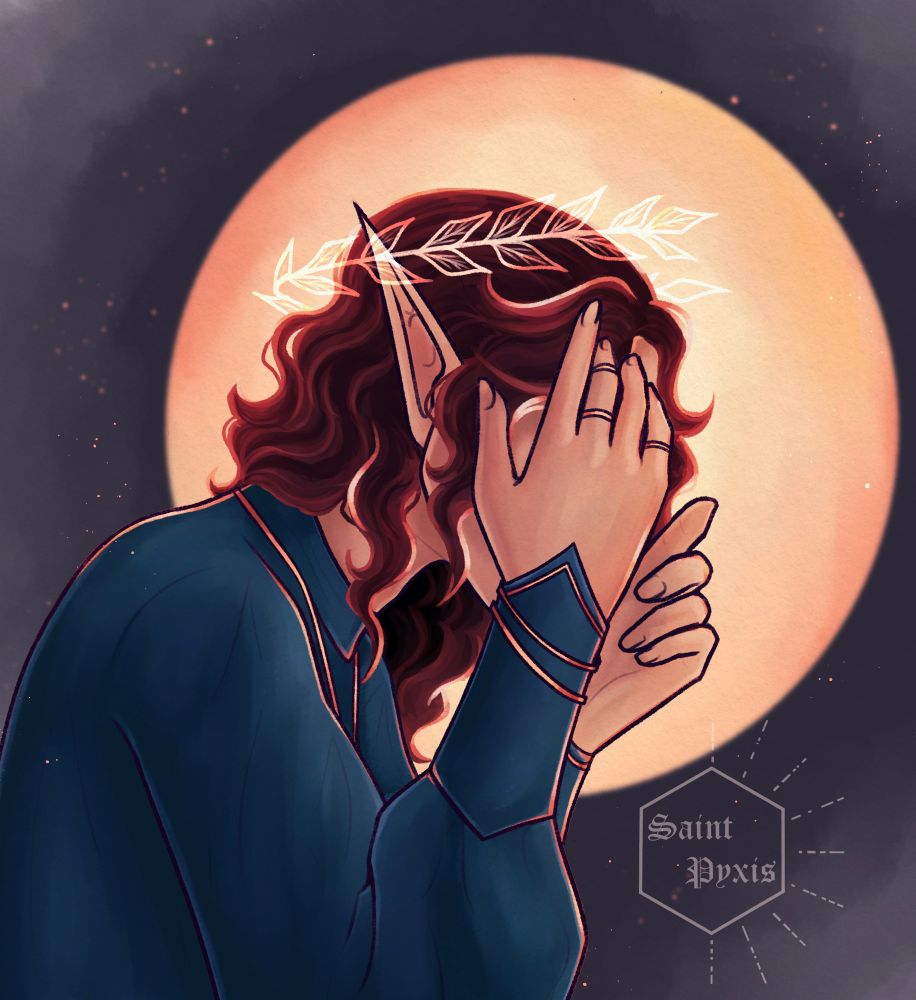 Art of my OC Cassael. Seen in side profile with his hands covering their face. A warm peachy coloured circle frames their head and face, and a glowing golden wreath halo encircles their head 