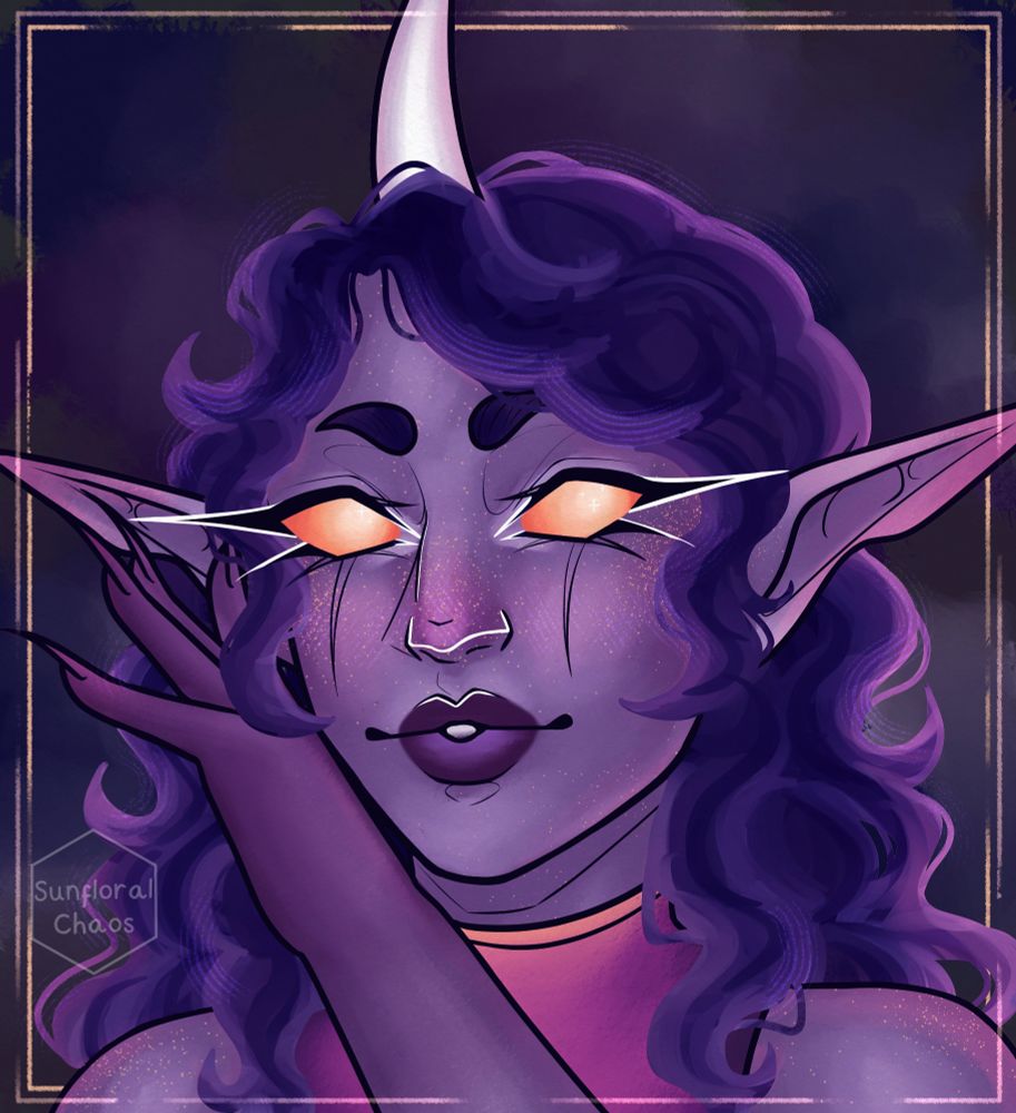 Art of my oc Merry Mayhem, seen from the shoulder up but with one hand beside their face, looking almost like they're going to tell you something 