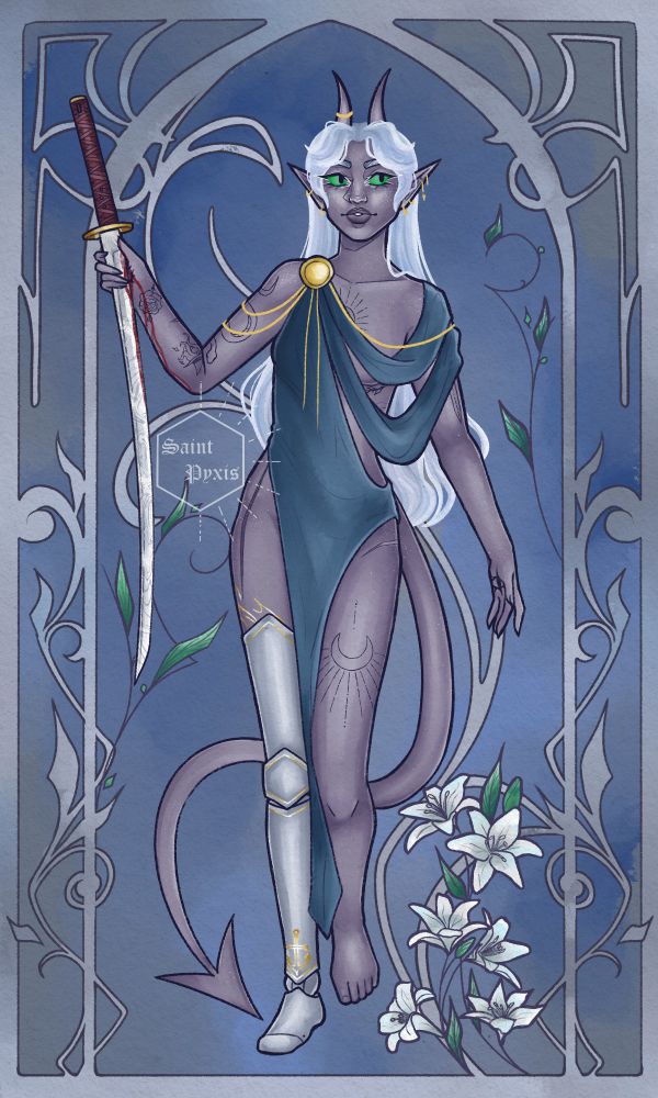 Art nouveau inspired piece of my OC Nyria, wearing a dress that honestly covers very little but is classical robes inspired, her right leg is a metal prosthetic, and they are holding their sword by the blade, tight enough that it's drawn blood. 
