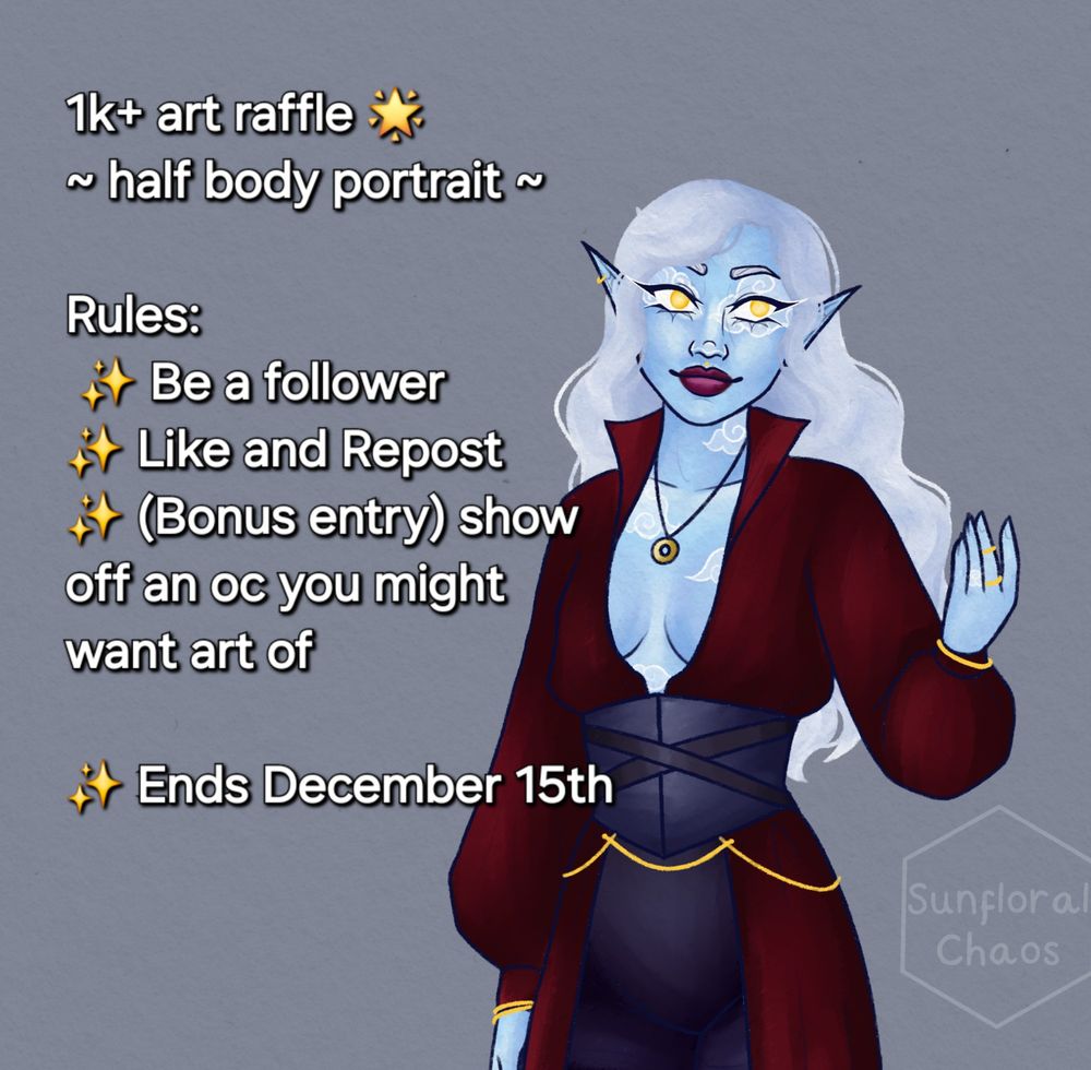 Image of my oc avis and text reading "Rules: 
✨️ Be a follower 
✨️ Like & Repost 
✨️ (Bonus entry) show off an oc 

✨️Ends December 15th "