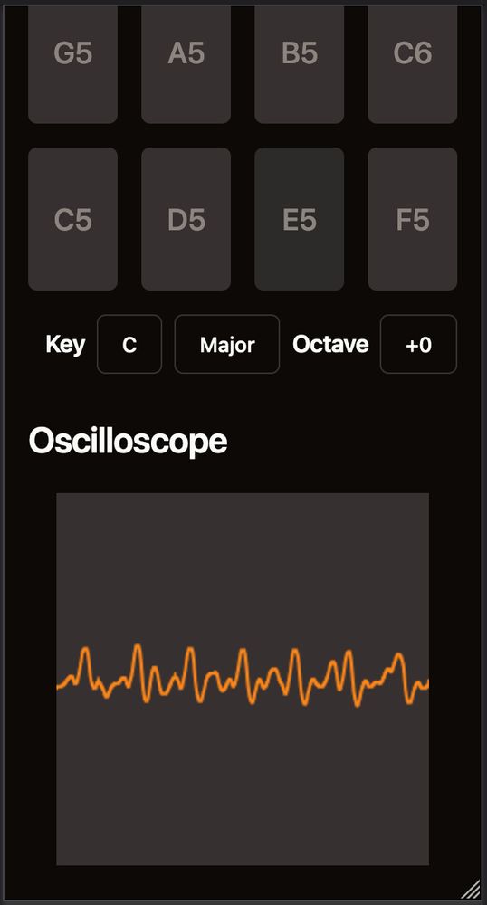 A mobile screenshot of my browser-based vocal synth, Chiaro Mini, showing an oscilloscope.