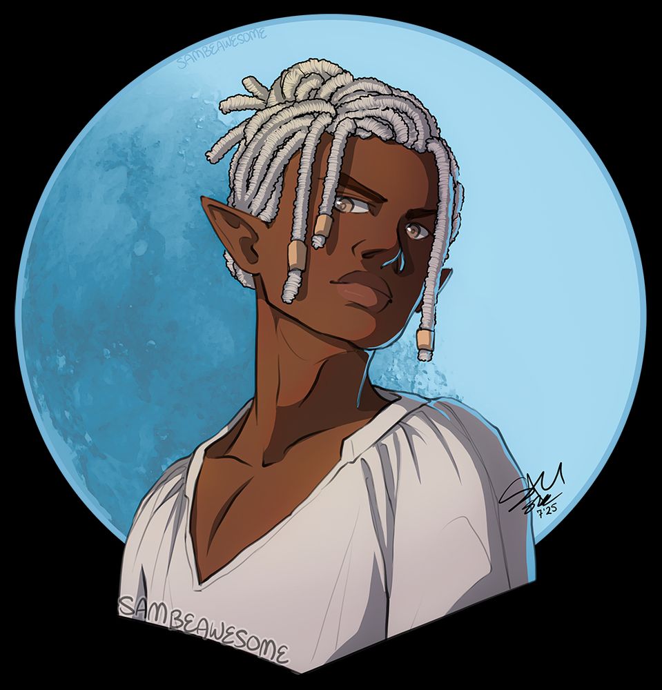 A digital bust drawing of a black man, looking slightly up at him, as he glares down at you. His silver dreadlocks are tied up in a loose bun, with a few strands by his face with gold beads in his hair that match his eyes. He's wearing a loose fitting off-white shirt. The background is a pale blue tinted moon.