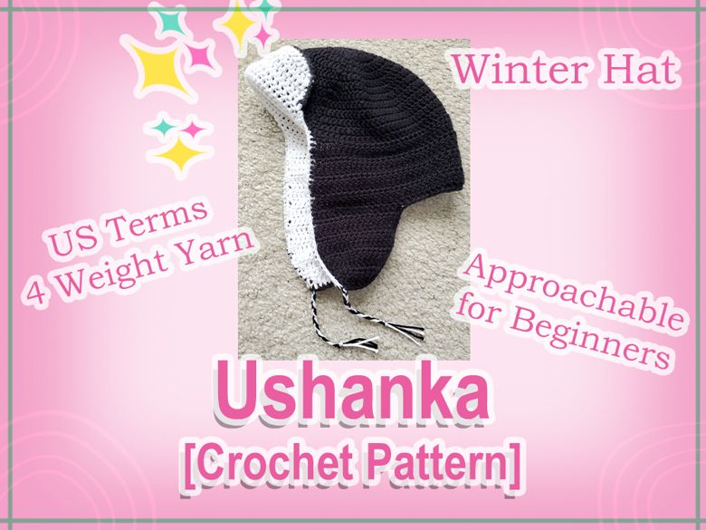 A pink themed graphic banner with a photo of a handmade black and white crochet ushanka with tassels on the ends of the ears. Text reads: Ushanka, crochet pattern, winter hat, US terms, 4 weight yarn, approachable for beginners.