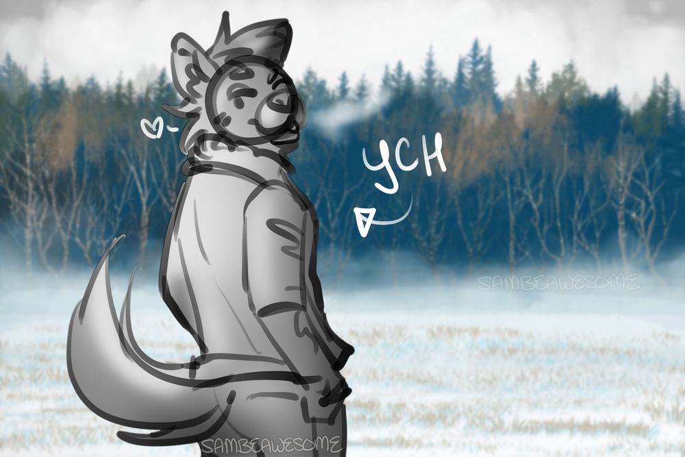 A "your character here" slot with a anthro canine character, looking back over their shoulder, winking, bundled up in a jacket, with a snowy field and forest behind them.