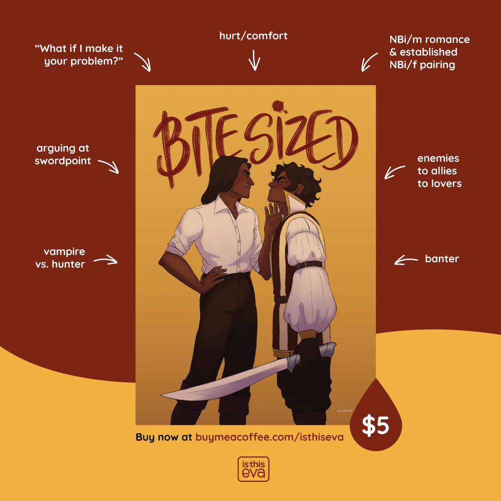 Promotional graphic featuring the Bite Sized, a comic by IsThisEva. The price of $5 is written inside a blood-drop shape. “Buy now at buymeacoffee.com/isthiseva”. There are arrows arranged around the cover with a list of tropes, as follows: hurt/comfort, enemies to allies to lovers, NBi/m romance & established NBi/f pairing, banter, vampire vs. hunter, arguing and swordpoint, “what if I make it your problem?”