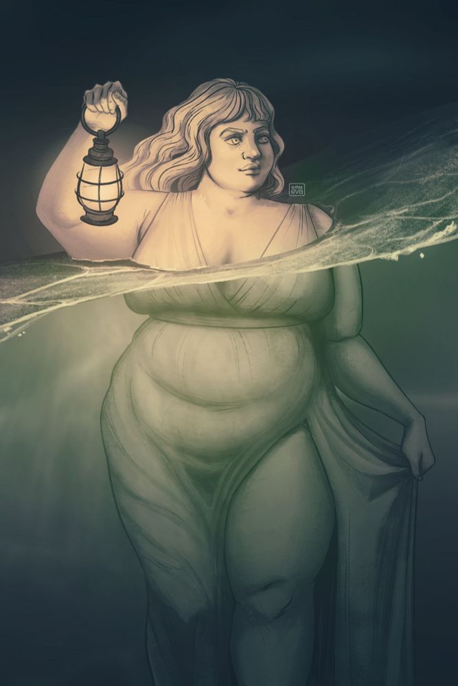 Painting of a partially submerged statue of a fat woman in a flowing dress, holding a lighted lamp in one hand. She glances askance with a small, mysterious smile. It is nighttime; the waves rise high around the statue, lit blue-green by the light of the lamp. The colours are muted and ghostly.