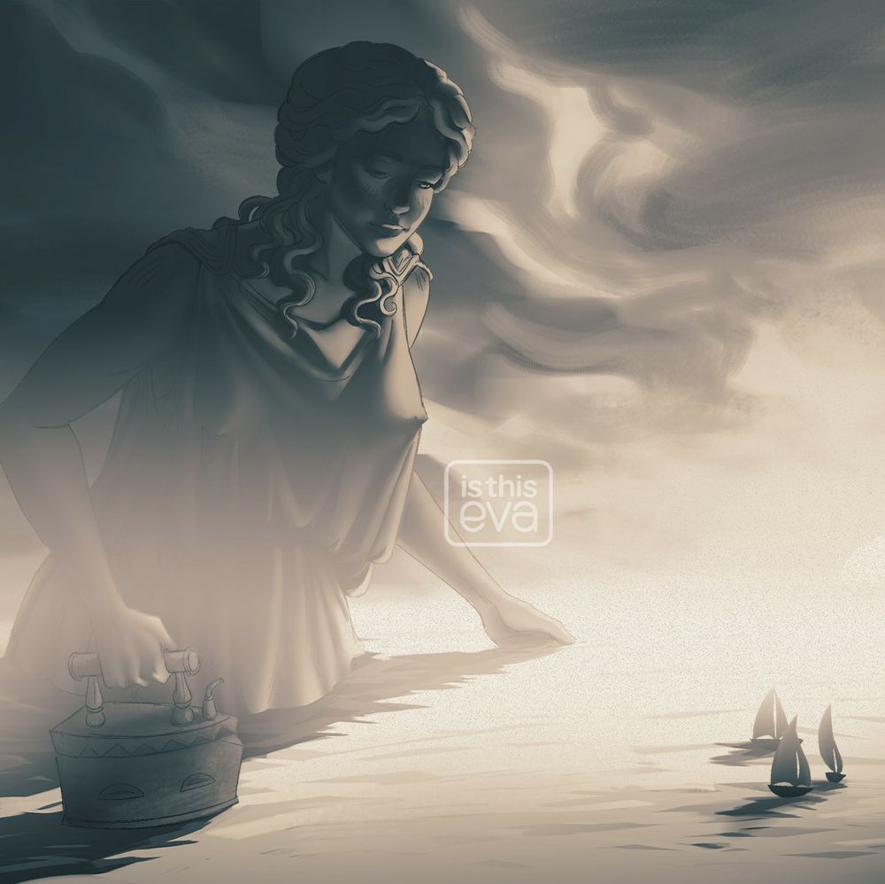 A painting of a giant statue of a woman holding a clothes iron, in the middle of the sea, posed as if she is flattening the waves. There are three tiny ships at the right corner of the painting. It is daybreak, with heavy clouds in the sky that appear to be clearing.