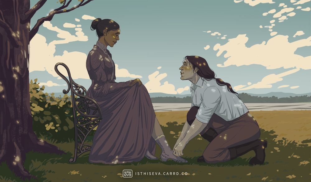 A vaguely historical-themed painting of two women. One is a governess with brown skin and dark hair. She is wearing a purple dress and is seated on a bench. The other, a gardener with light skin and dark hair wearing a white shirt and brown breeches, is kneeling in front of the governess, helping her adjust her shoes. They are gazing at each other with soft and smiling expressions. The entire scene takes place on a sunny day beneath the shade of a large tree. The background shows a view of a lake with trees and mountains in the distance.
