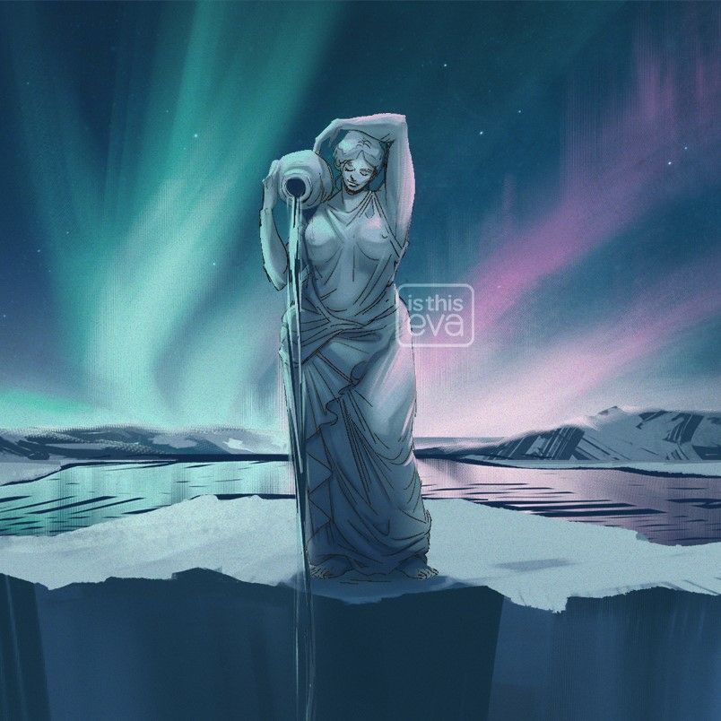 Painting of a statue overlooking a cliff’s edge in an icy nighttime landscape. The statue depicts a woman holding an urn over one shoulder, from which she pours water into the chasm’s icy depths. The aurora flashes overhead, reflecting on the frozen lake below.