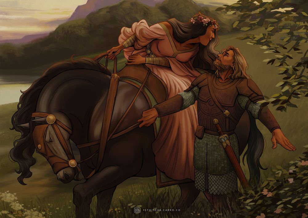 A study of the painting La Belle Dame Sans Merci, featuring a man in armour standing before a woman on horseback. They both have brown skin; the man has shoulder-length blonde hair while the woman has long and flowing black hair, atop which rests a flower crown. She's leaning over the saddle to smile down at him playfully, while he stares up at her with a devoted expression. The horse, which has a black coat and wears armour pieces that matches the man’s, is stamping a foot and staring at the ground.