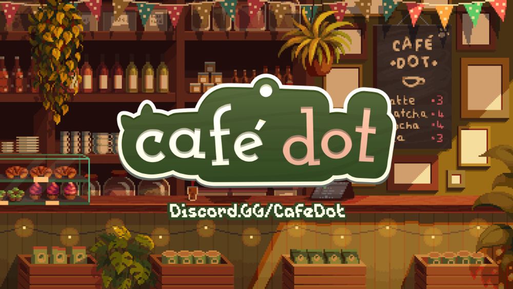 Pixel art rendition of the Cafe Dot scene. The Cafe Dot logo is shown with a discord link reading "Discord.gg/CafeDot"
