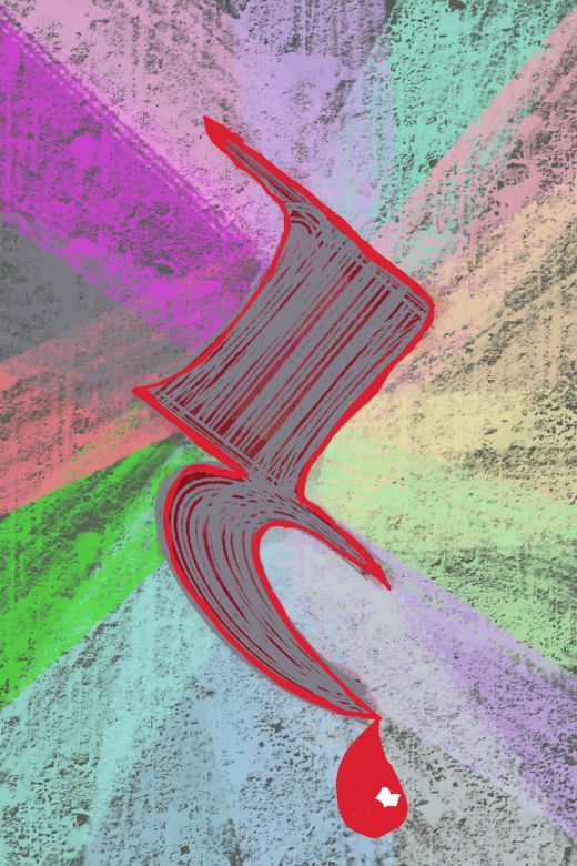 a striated quarter-rest on a chalky rainbow background. a bloodred droplet hangs off the bottom-most crest.