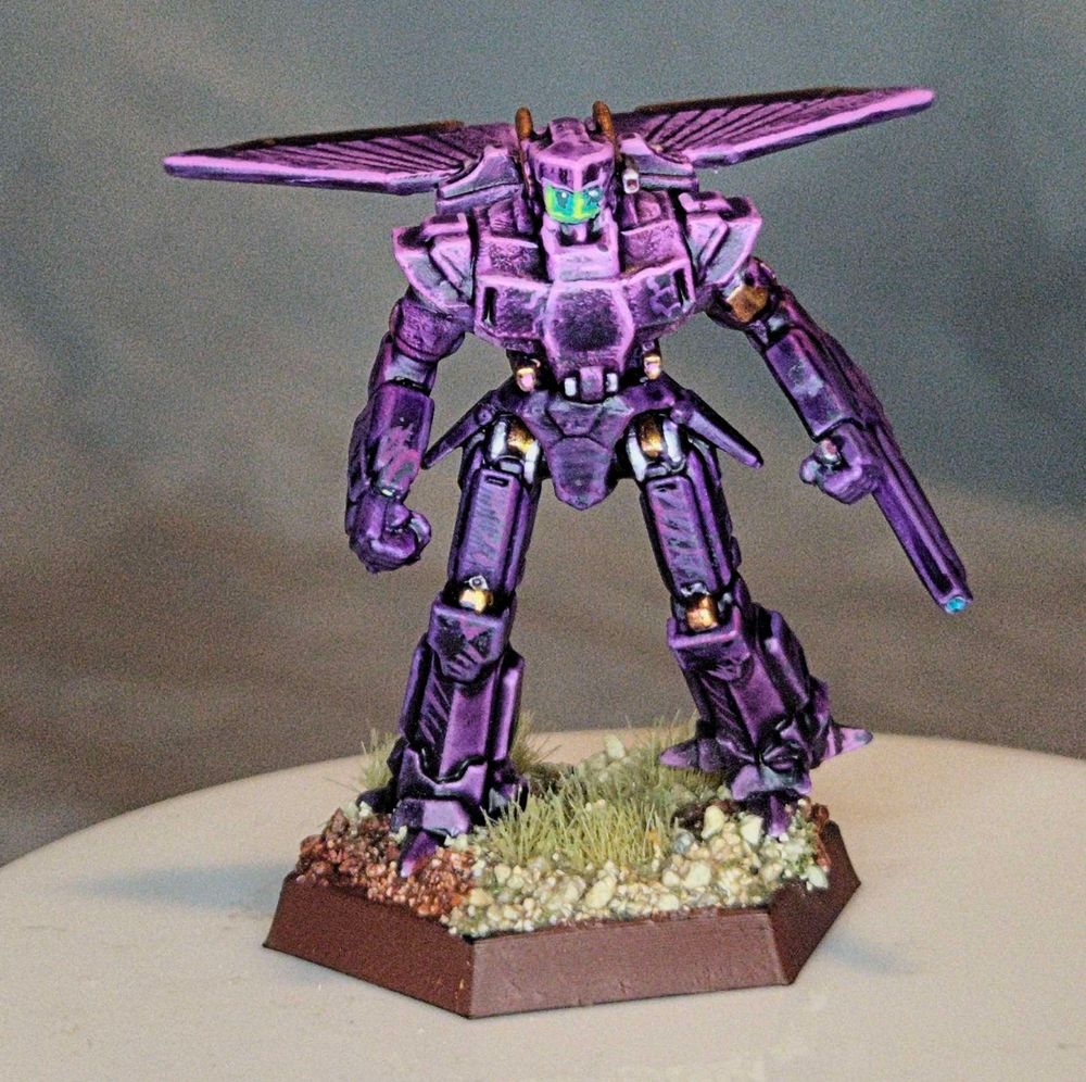 My Agrotera painted in Magistracy of Canopus, 2nd Canopian Cuirassiers colours. Pink-dark purple fade, gold and silver metal, and teal cockpit. 