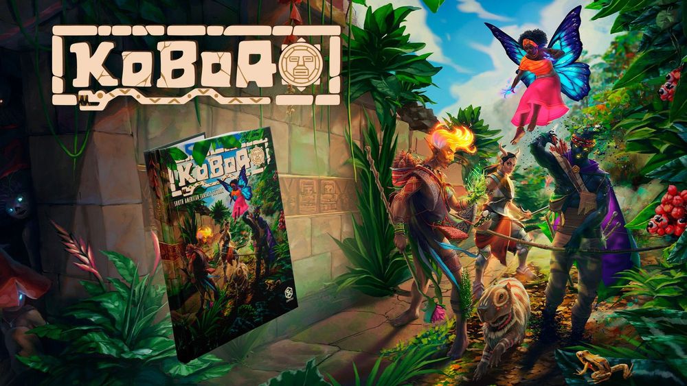 Imagem promocional do RPG Koboa, com a capa do livro à esquerda e uma arte (que estampa a capa do livro) à direita. Existem 4 personagens, baseados em mitos latinos, andando num caminho rodeado por plantas tropicais enquanto uma capivara, cheia de pinturas, passa entre eles correndo.