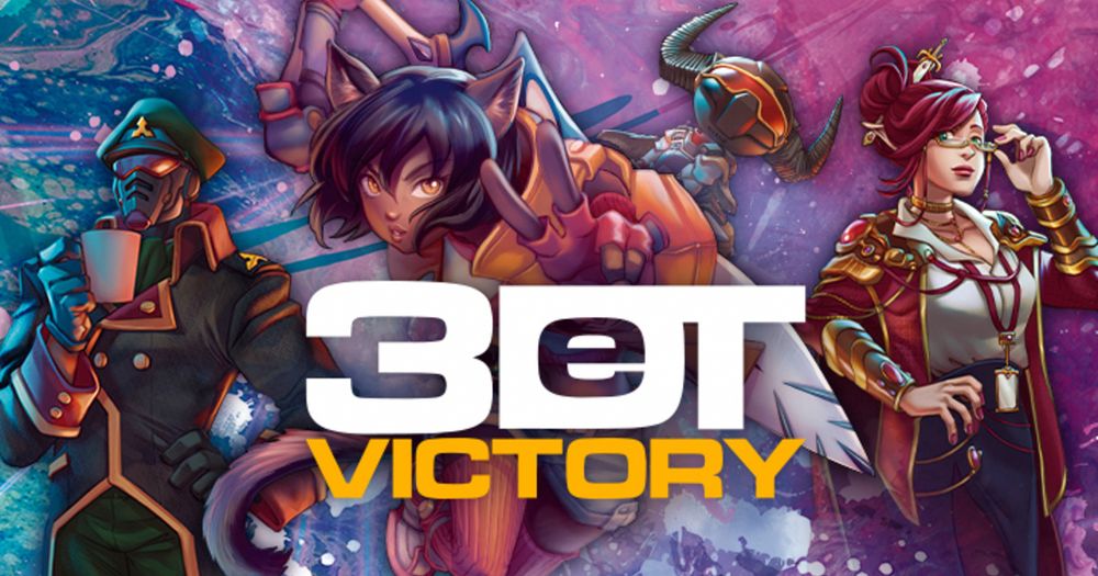 Imagem promocional do 3D&T Victory, com três personagens atrás do logo da franquia. 3D&T escrito em branco e Victory em amarelo.
