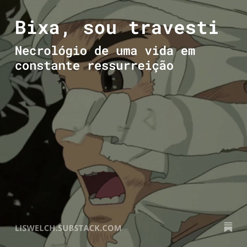 Imagem com desenho de O Menino e a Garça ao fundo, com papéis voando sobre seu rosto. Acima, o título: "Bixa, sou travesti". O subtítulo: "Necrológico de uma vida em constante ressureição". O link: "liswelch.substack.com".