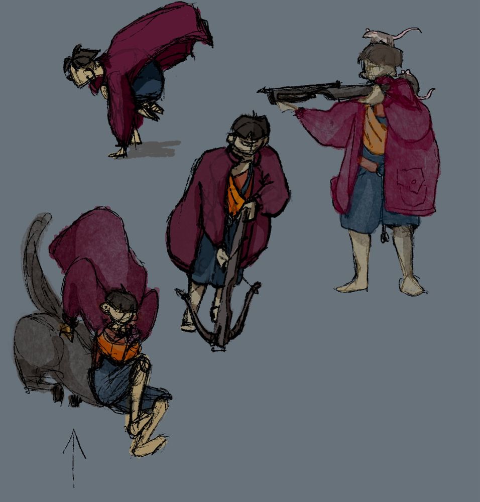 Four gesture sketches of a human boy leap frogging, aiming a crossbow, reloading a crossbow, and jumping down. The jumping boy has the end of a horse added to make him look like a centaur despite having regular human feet.